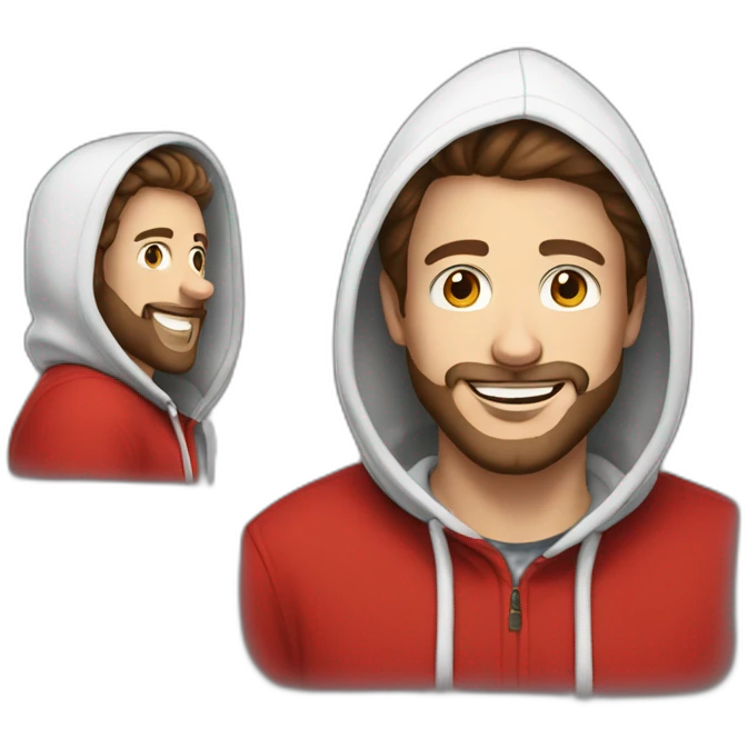 white dude smiling with a brown beard and short brown hair with a red hooded hoodie with "Posh" on the hoodie emoji