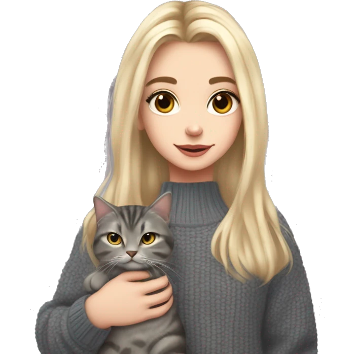 Blond chin lenght hair girl with a curtain bangs and middle part in a HEX code #cde3fd coloured sweater holding a dark grey tabby cat with white paws and face emoji