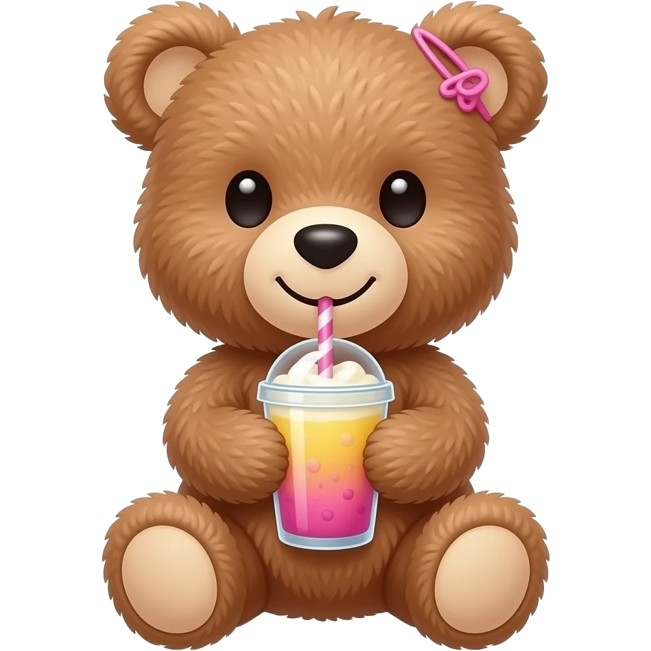 Un osito de pelucho tomando un batido con un lasito rosa en la oreja derecha emoji