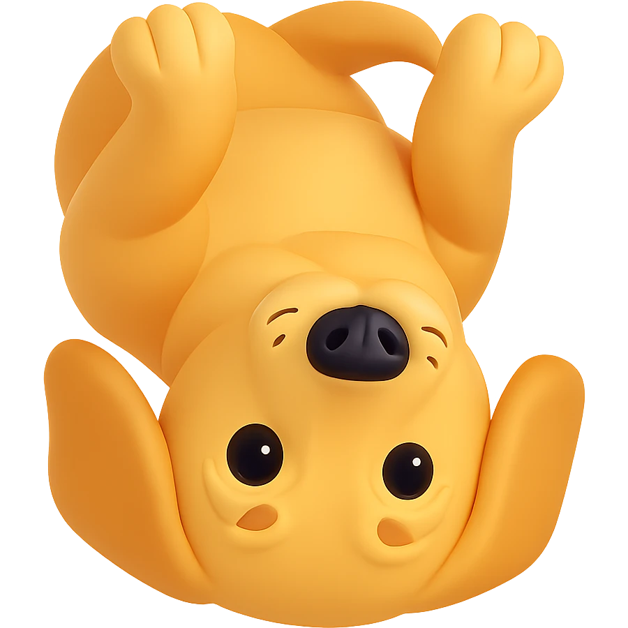 Flip the golden retriever upside down in a 3D emoji style. The original style is 3D emoji but it does not support editing, so use a general style editor while preserving the 3D emoji look and remove the background. emoji