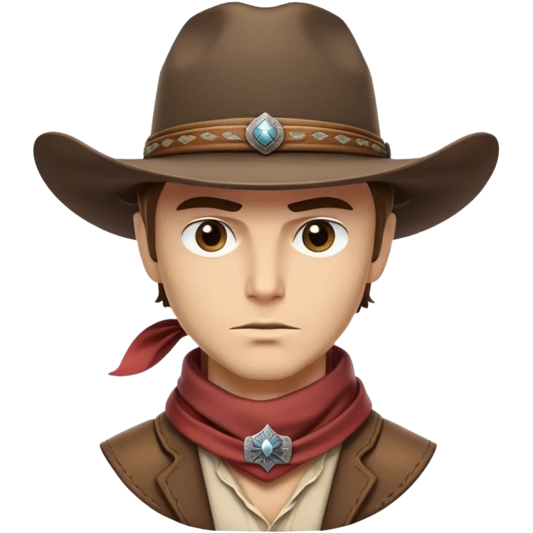 Clash of Clans aesthetic friendly Cowboy Portrait Emoji, With a rugged yet stylized build wearing a classic wide-brimmed hat and bandana, his face rendered in a natural skin tone (not yellow), determined eyes and a steely gaze, Simplified yet dynamic features, highly detailed, glowing with a warm, sunlit frontier radiance, high shine, brave and spirited, stylized with an air of Wild West heroism, focused and ready, soft glowing outline, capturing the essence of a fearless cowboy adventurer ready to ride into epic quests! emoji