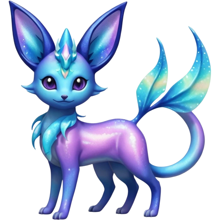 Shiny Iridescent Sparkly Nebulae Espeon-Lumineon-Vaporeon-Amaura-Glaceon-Dragonair-Fakémon-hybrid-creature (full body)  with a galaxy-dust-flowing-gradient-tail emoji