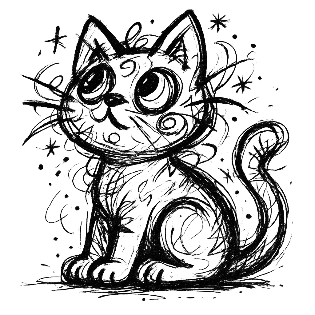 chaotic outlined icon of a cute kitten sitting and looking up, with wild scribbled lines emoji