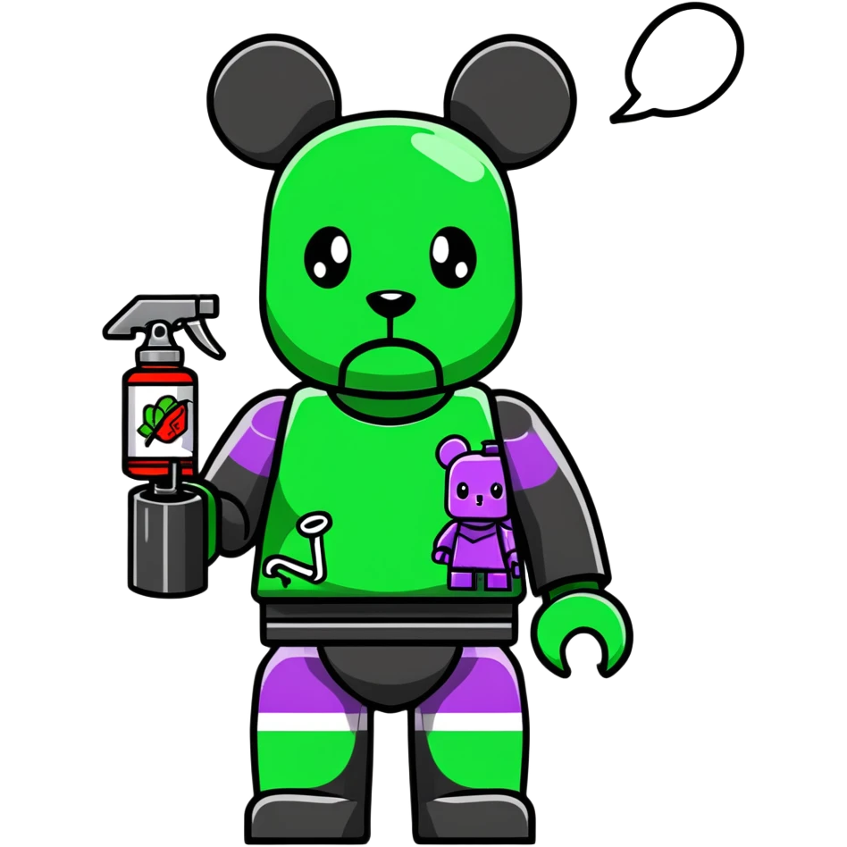 Lego style bearbrick with wild graffiti art patterns, X eyes, holding a spray paint can, vibrant colors emoji