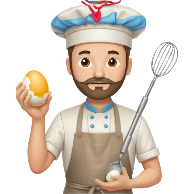 Middle aged male pastry chef - with a small beard, apron, white hat, holding an egg beater in his right hand, and his left hand naturally hanging down to his side emoji