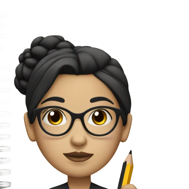 A woman with Black hair with a bun in the top of her head, she has glasses, she is writing a note on her notebook, we can see her pencil, she has white skin emoji
