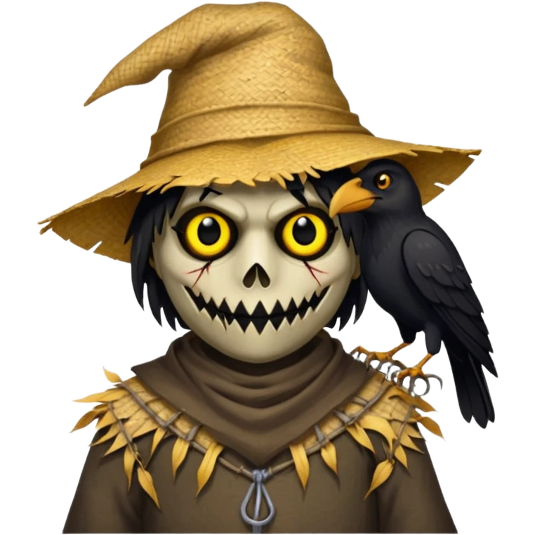 Scarecrow, Torn clothes, stitched mouth, glowing eyes, crow perched on shoulder. emoji