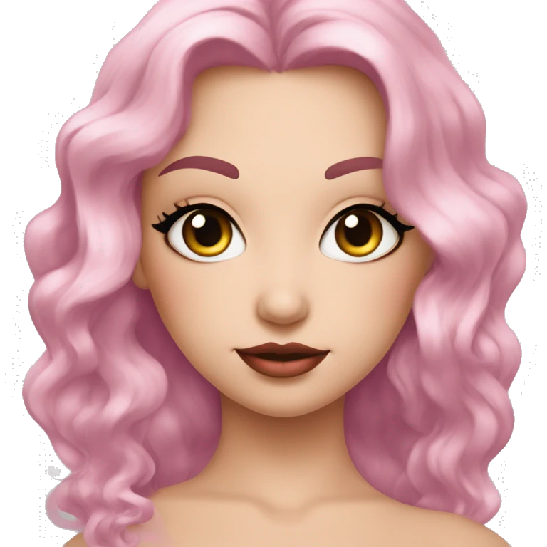 Femmme blanche aux yeux noir avec des cheveux noirs de longue taille , une bouche moyenne de couleur rose de lèvres , des yeux de sirène des sourcils noirs emoji