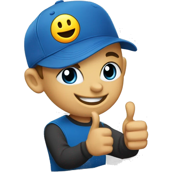 A Happy boy showing thumbs up wearing "Lenevo" logo in his cap with laptops aound emoji