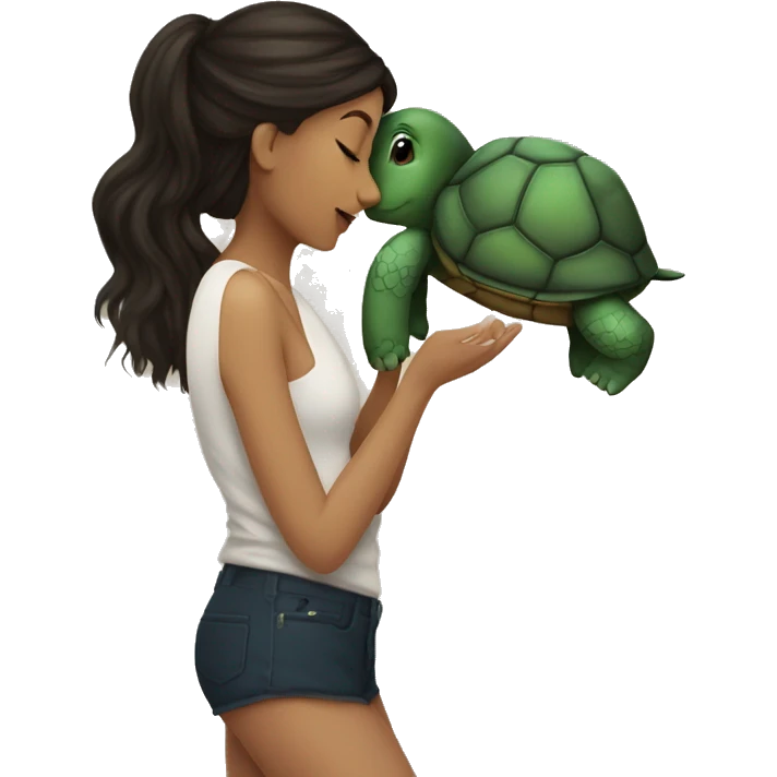 A white girl with dark hair kisses a little turtle emoji