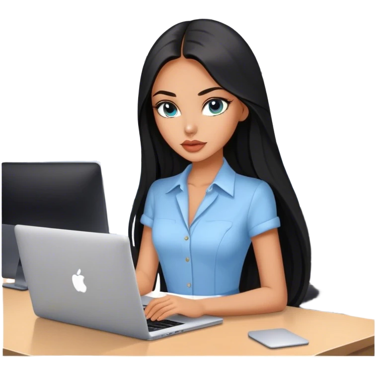 Glamours tanned very beautiful girl with pump peach nude lips and black straight smooth long hair, blue-grey eyes in beautiful clothing with MacBook in the office emoji