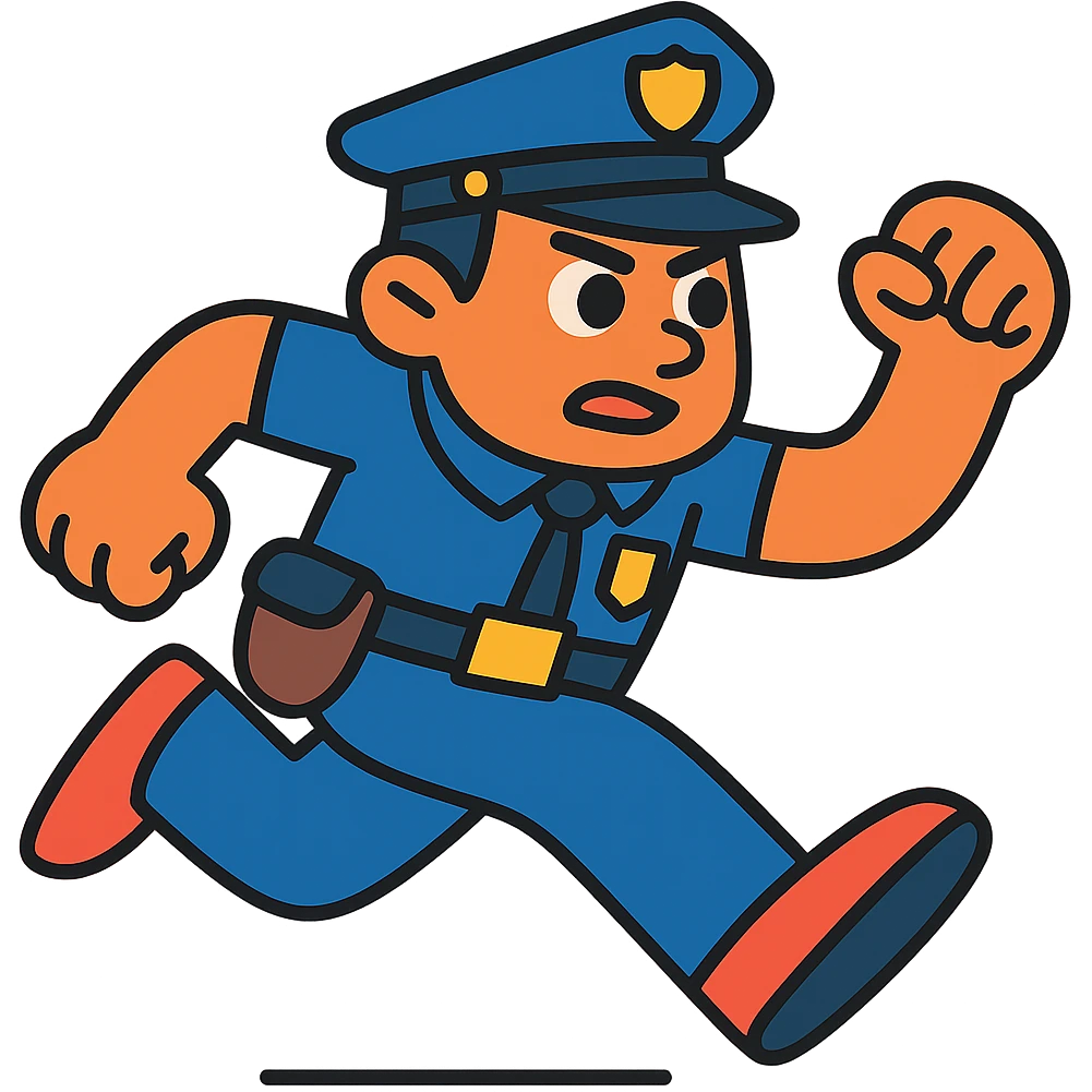 Swap the positions of the right and left foot of the running police officer while maintaining the same lively pose and style, no background. emoji