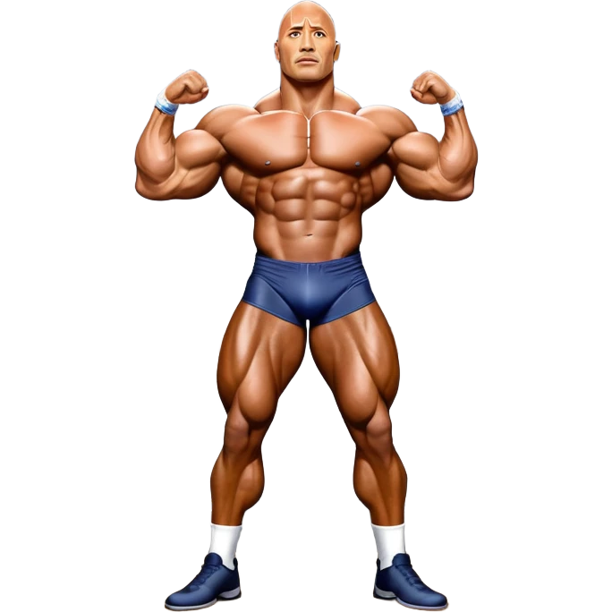 Dwayne Johnson, oiled and posing at the Mr. Universe bodybuilding championship, showcasing his muscular physique in an iconic display of strength. The background features the stage with judges and audience, capturing the intensity and prestige of the competition. Transparent background. emoji