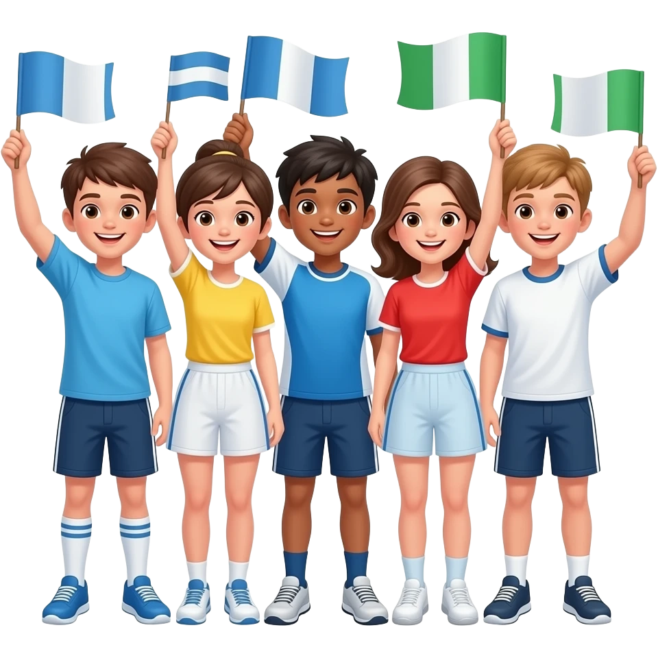 Vários atletas jovens juntos ventindo azul, branco e verde emoji