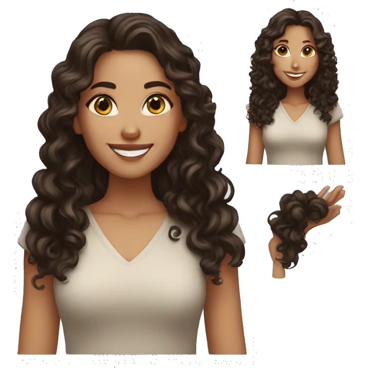 White woman, long dark brown curly hair, happy, say hello with sher hands emoji