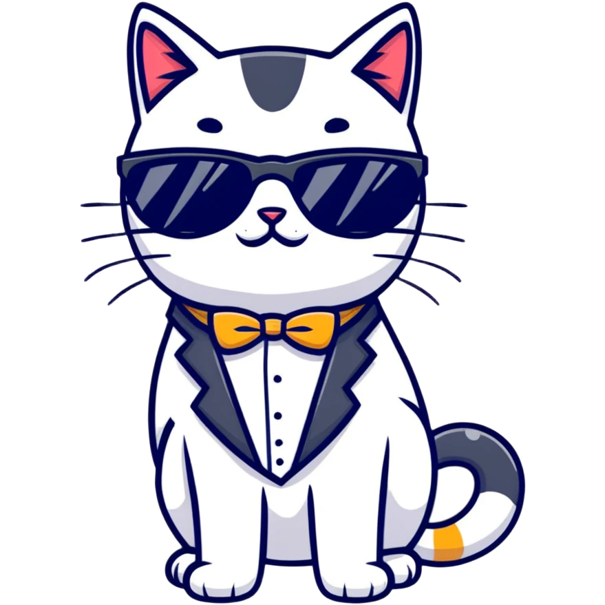 cat wearing cool sunglasses proudly showing off his new tuxedo, stylish, confident pose emoji