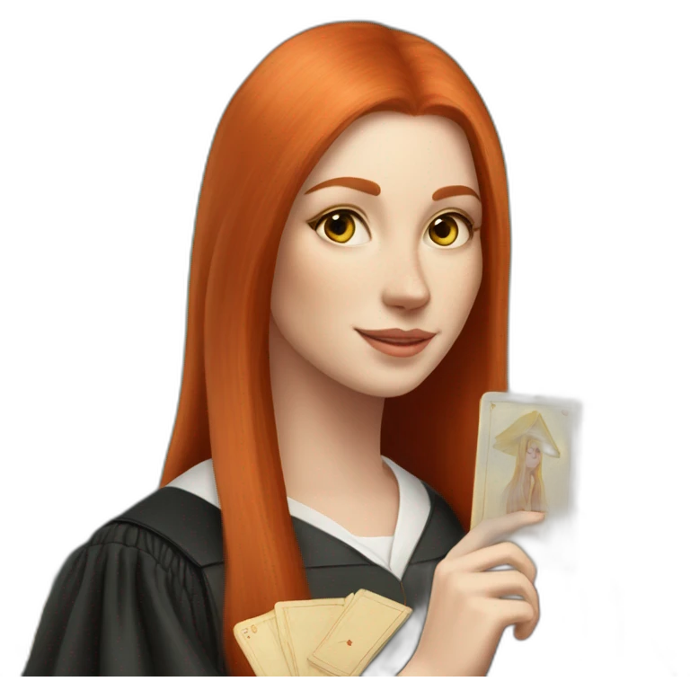redhead white woman medium long straight hair, celebrating graduation with tarot cards emoji