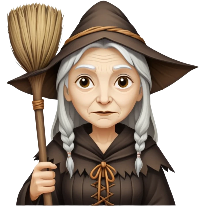 Baba Yaga sorceress woman holding a broom, old and wise emoji