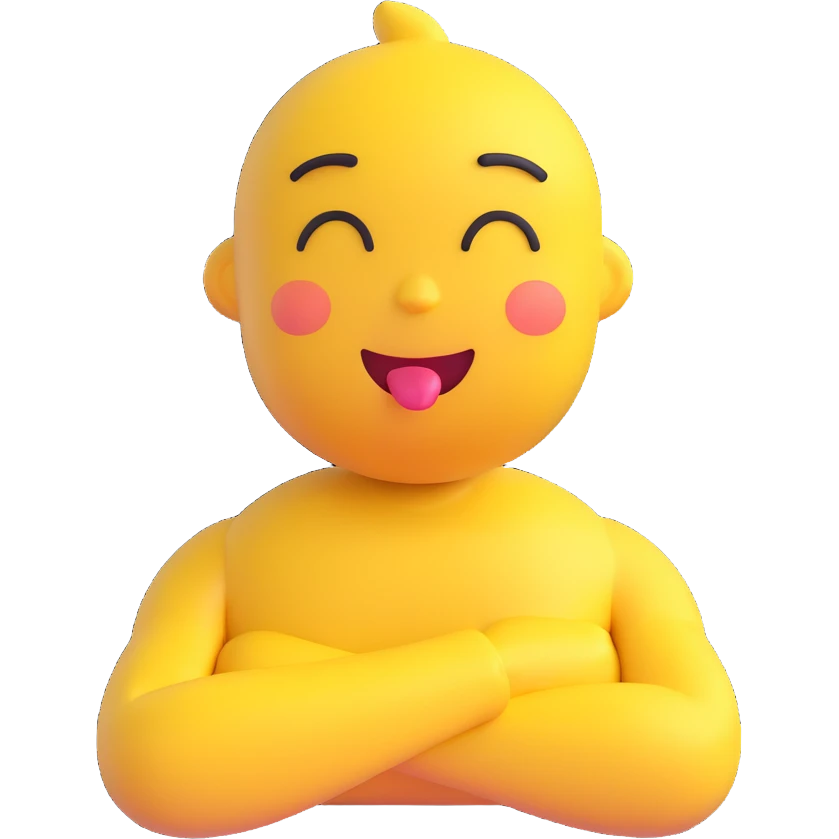 yellow emoji with arms crossed, holding neck, closed eyes, tongue out emoji