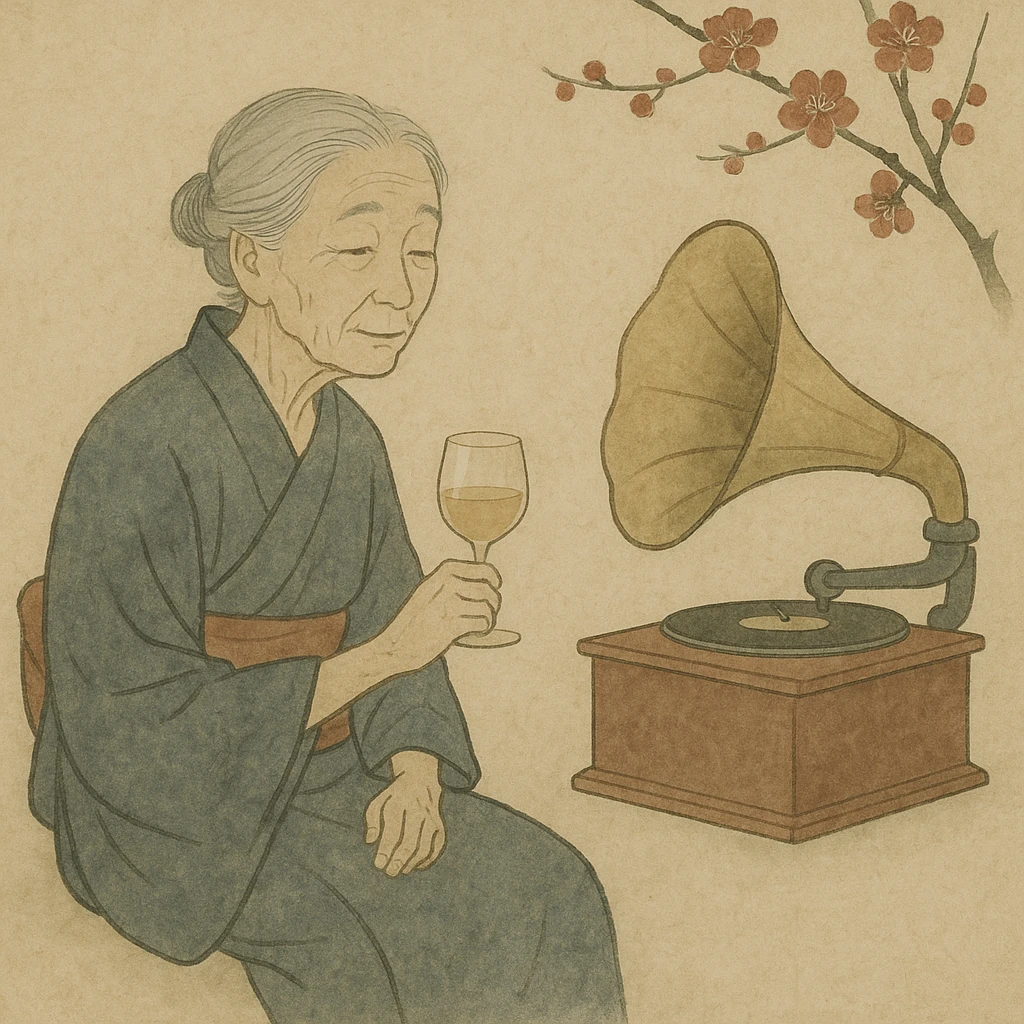 old lady with wineglass listening to gramophone emoji