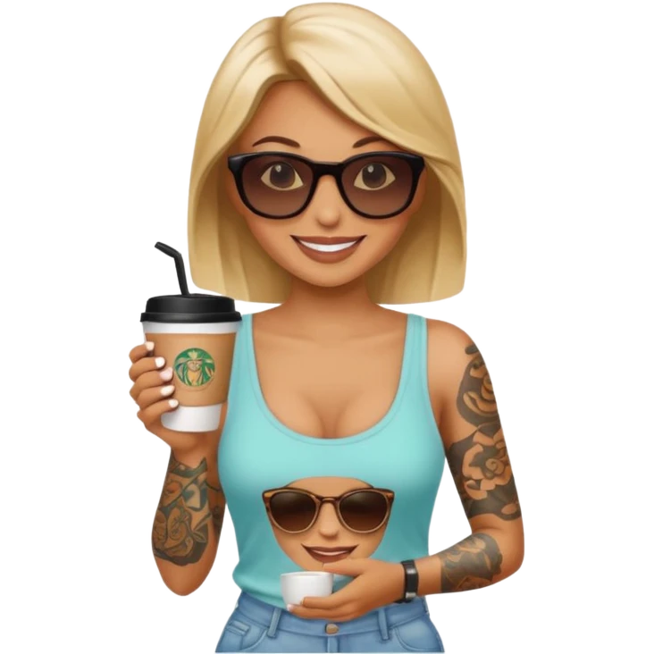 gözlük takan, dövmeli ve elinde kahve tutan, yaz kıyafetli bir kadın emoji