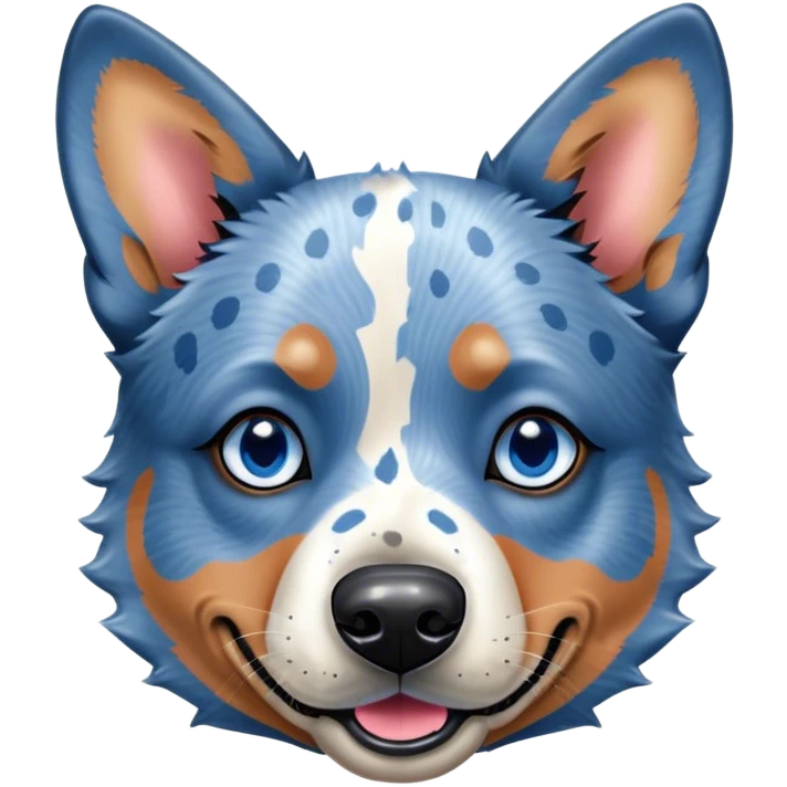 Cinematic Cute Blue Speckle Australian Cattle Dog Portrait Emoji, Head tilted playfully and inquisitively, featuring a vibrant blue speckle Fur with dynamic patterns, round, sparkling blue eyes filled with curiosity, Simplified yet irresistibly adorable features, highly detailed, glowing with a warm, friendly glow, high shine, affectionate and energetic, stylized with a touch of whimsy, bright and endearing, soft glowing outline, capturing the essence of a mischievous yet loving pup, so playful it feels like it could bound out of the screen and into your arms! emoji