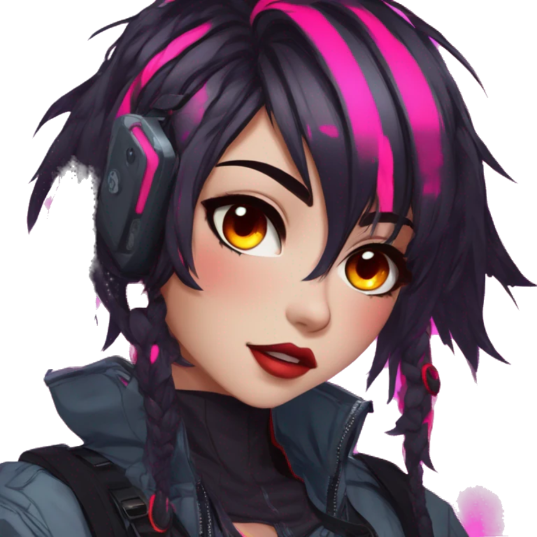 Gorgeous bright colorful neon techwear anime style lady with blushing face aesthetic and pretty edgy black red punk messy hair with collar and harness trending style emoji