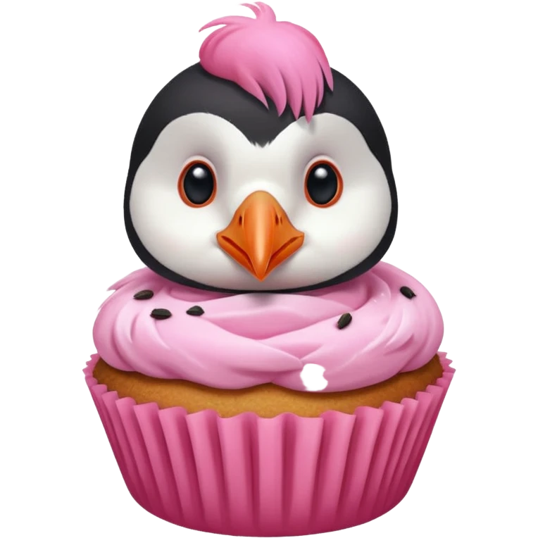 pink head feathers puffin that is pink, eating a muffin that is pink emoji