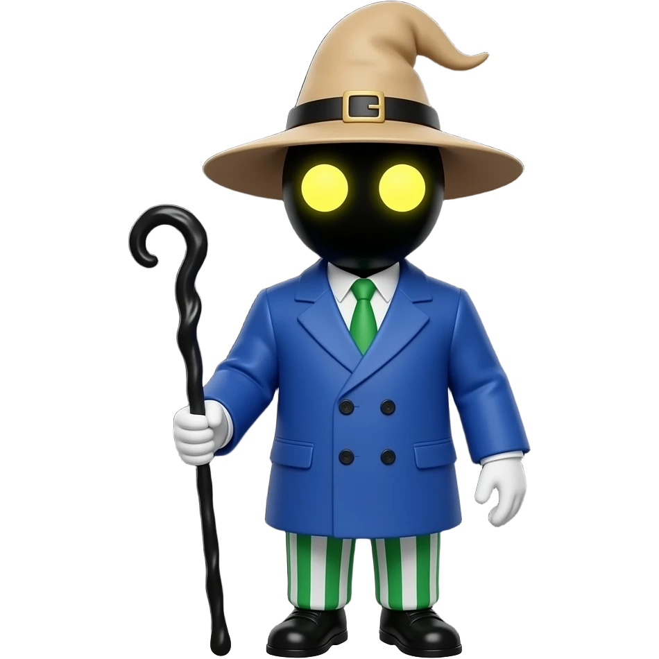 pitch-black face illuminated only by two glowing, circular yellow eyes. He wears a tall, floppy tan wizard’s hat, a bulky blue double-breasted coat, and distinctive green-and-white striped balloon trousers. white gloves and a staff emoji