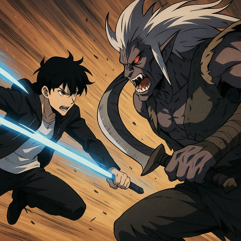 Sun Jin Woo contre Baruka, style anime classique, action intense emoji
