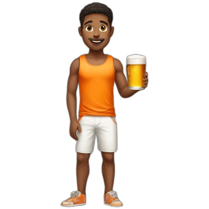 Boy wearing white tank top and orange shorts holding beer tray emoji