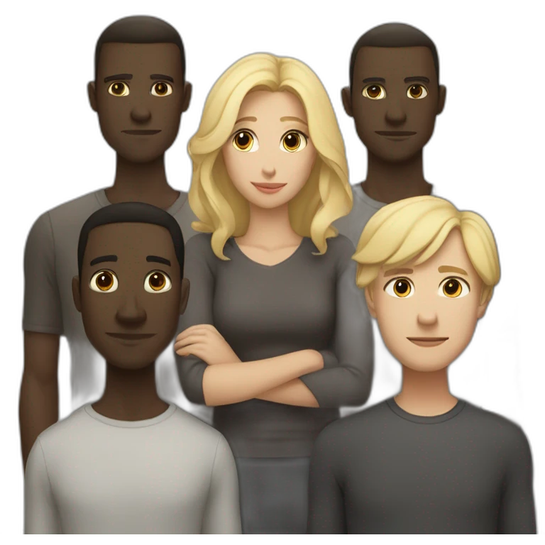 six dark-skinned men stand behind a pale blonde woman emoji