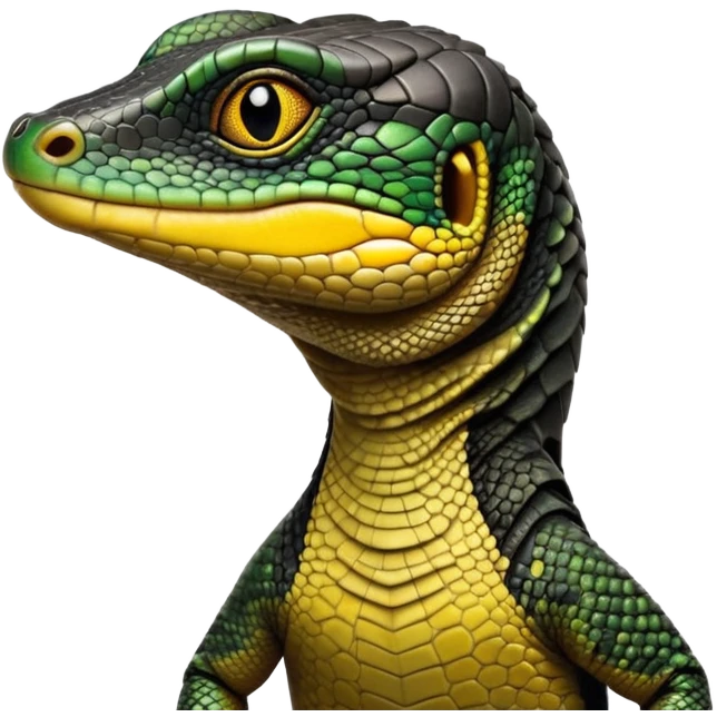 cinematic-realistic-cute-monitor-lizard-portrait-emoji,-head-tilted-playfully-and-inquisitively,-featuring-a-compact,-agile-body-with-finely-detailed,-glossy-scales-in-earthy-black and yellow-hues-and-a-distinct,-alert-face-with-bright,-curious-eyes, black , yellow spotted and green band  scales and a slender neck emoji