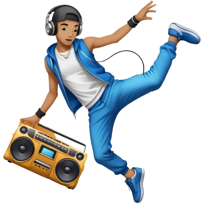 Icon for Street Dance: a dancer in urban streetwear performing a dynamic breakdance move, with a spray-painted background  and boombox nearby,  headphones. The icon should represent the energy, style, and creativity of street dance culture. Transparent background. emoji