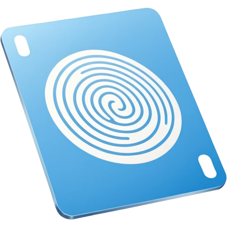 Minimalist blue Telegram channel icon of a card back. The card is face down, slightly tilted. A single, elegant fingerprint spiral is centered on the card back, symbolizing identity and unique associations. Monochromatic blue and white. Clean, flat design. emoji