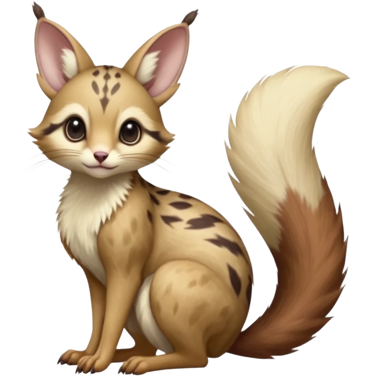 Brown-pointed, beige, soft natural realistic romantic vintage antique divine beautiful elegant pretty precious cute young youthful  Fakémon-Pokémon-alien-opossum-squirrel-feline-serval-caracal-chinchilla-Minccino-Cinccino-Meowstic-rodent-hybrid-creature with a big fluffy bushy tail (full body) emoji