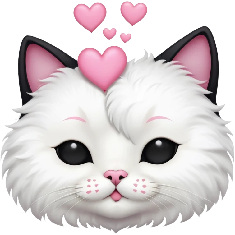 Big black cat face is kissing a small white cat face with hearts above emoji