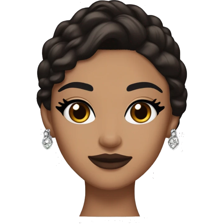 Maddy Perez has warm brown eyes with bold black eyeliner, dark brows, full nude-to-berry lips, bronzed skin, and sharp cheekbones. Her sleek dark brown hair is styled with waves or ponytails, often with rhinestones.

 emoji