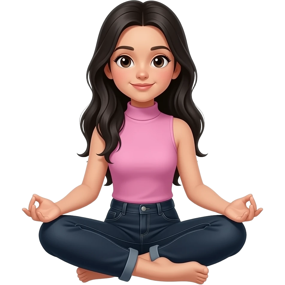 Teenage girl with long black hair wearing a pink sleeveless turtleneck top and long black jeans meditating emoji