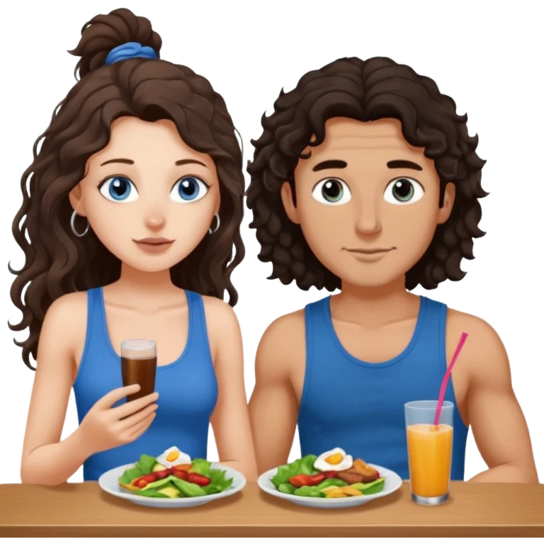 white girl, dark brown long slightly curly hair , skinni but with big breast , septum piercing on nose, beautiful dark gray-blue eyes, having luch with her bf  emoji