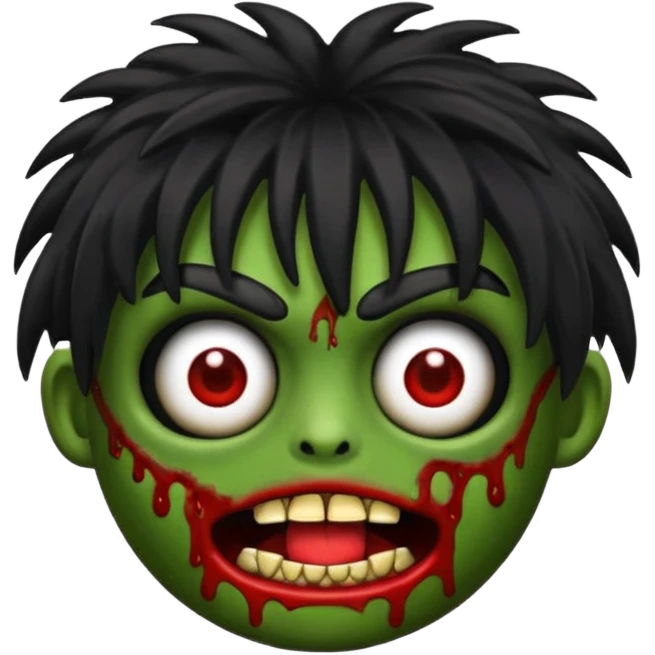 Un emojin de zumbi com cabelo comprido preto e franja emoji