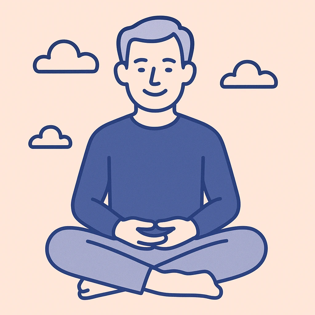 gray haired 50-year old white man peacefully meditating, smiling, back straight, legs crossed, hands in his lap, serene, calm, mindfulness, manifesting, clean modern illustration style emoji