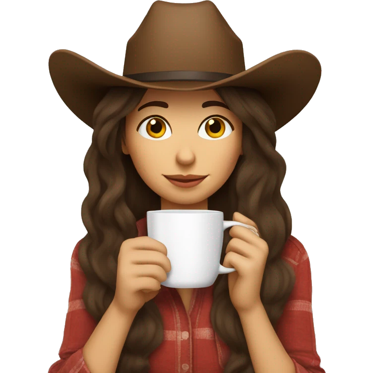 Cozy cowgirl wearing a cowboy hat sipping coffee. Brunette long hair emoji