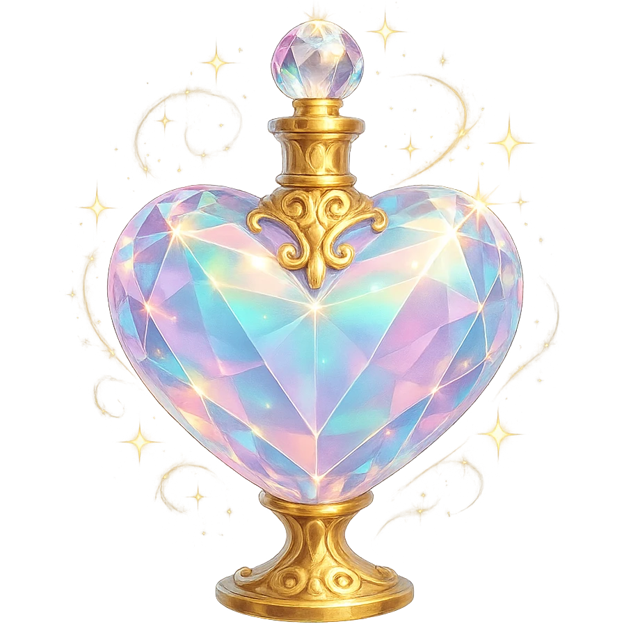 crystal luxurious elixir bottle in heart shape, pastel gradient, lots of glowing shine, facets, ornaments, golden details, magical effects, very small golden neck, transparent background, beautiful connected base, clearly floating in air, no base or shadow, premium class, matching collection emoji