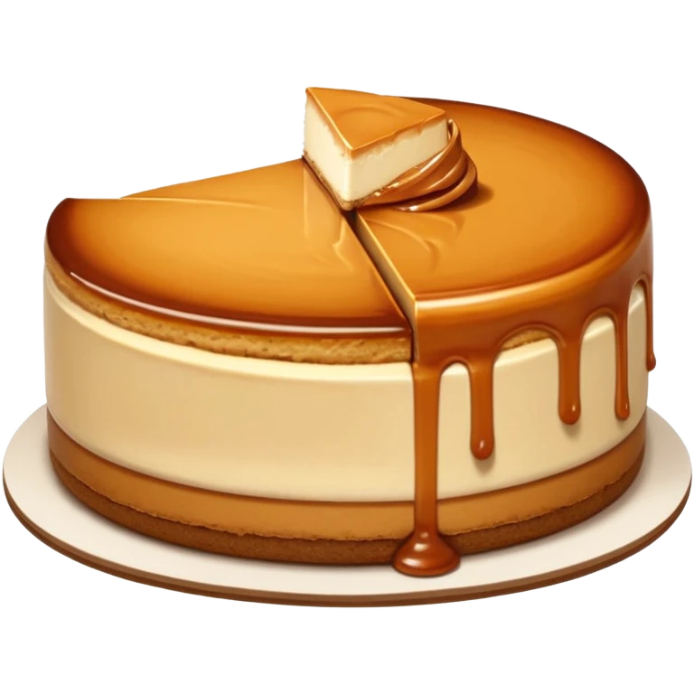 a slice of cheesecake. The base is made of light brown biscuit; the first layer of filling is caramelized dulce de leche, and the upper layer is creamy, light beige, and has a smooth texture. On top, there is a caramelized dulce de leche topping dripping down the center of the slice emoji