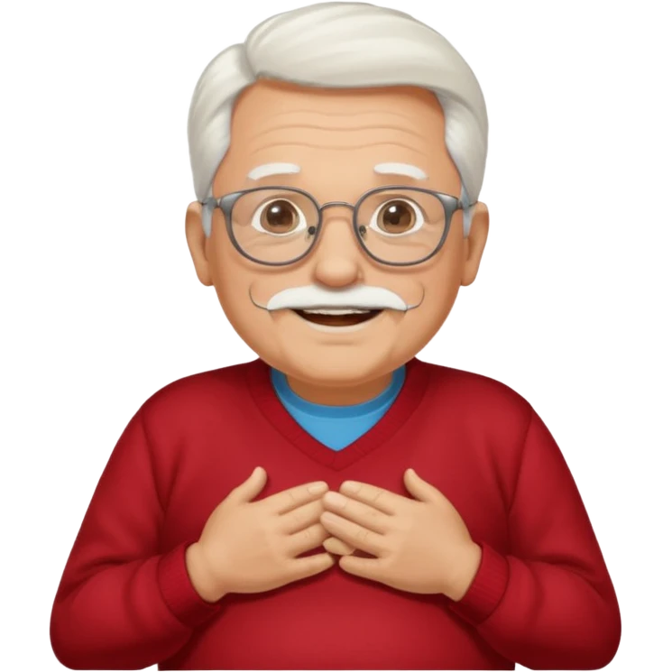 old man with lots of white hair wearing thick glasses with go-tee with a big belly smiling emoji