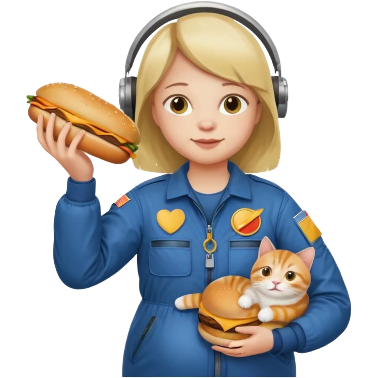 Pregnant person with downsyndrome flying on a cat while eating a cheese burger emoji