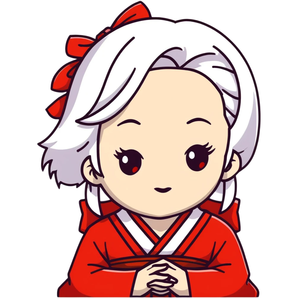 forty year old albino shrine maiden with white hair, red eyes, and pale face emoji