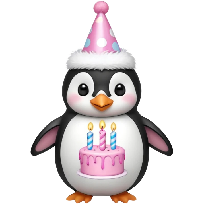 cute penguin with birthday hat hold a birthday pink cake in arms emoji