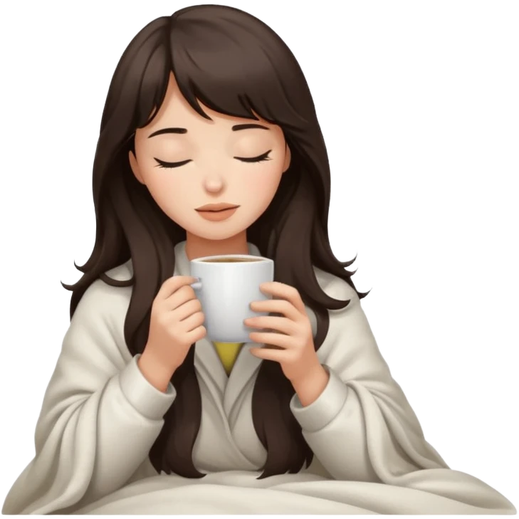Dark brown wavy hair with straight bang girl inside a white blanket sipping coffee eyes closed emoji